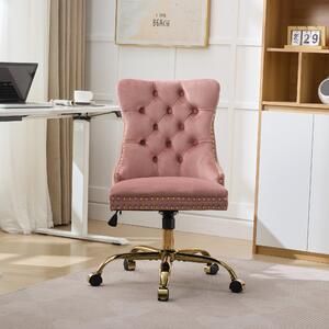 Sedia da ufficio, rivestita in velluto, con cuciture a bottone, base in metallo, regolabile in altezza, girevole (rosa)
