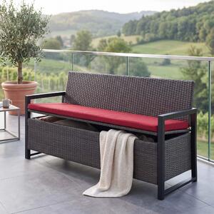 Panca da giardino in rattan sintetico, modello HWC-F39, con spazio contenitore, lunghezza 164 cm, colore grigio, cuscini bordeaux