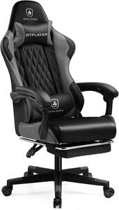 Sedia da gaming ergonomica grigia, con supporto lombare, poggiatesta regolabile e poggiapiedi estraibile