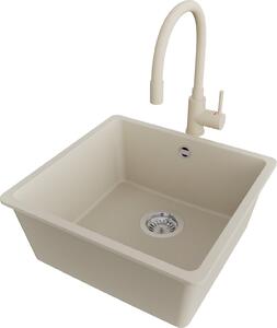 Lavello PRIMAGRAN in granito beige 46x44cm, lavello 1 vasca + rubinetto cucina 38x14cm + set di scarico, lavello cucina da base 50 cm - Venice Slim Easy