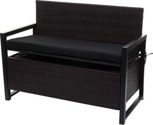 Panca da giardino Poly-Rattan, modello MCW-F39, con spazio contenitore, colore marrone, dimensioni 117 cm, cuscini neri