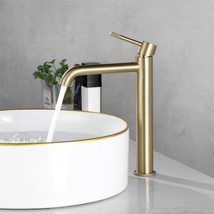 Rubinetto da bagno con beccuccio alto in finitura oro spazzolato, miscelatore monocomando per lavabo da appoggio in acciaio inossidabile