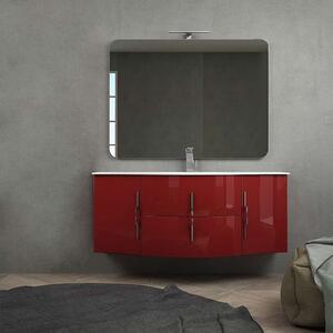 Mobile bagno onda rosso lucido 140 cm sospeso moderno con specchio lampada LED e cassettoni soft close