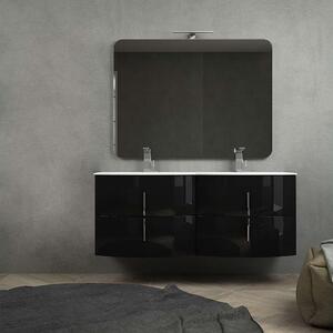 Mobile bagno nero lucido 140 cm sospeso moderno con doppio lavabo chiusure soft close specchio e lampada LED