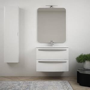 Mobile bagno bianco lucido sospeso curvo da 75 cm con specchio lavabo di ceramica e colonna da 140 cm Mod. Berlino