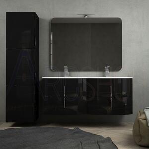 Mobile bagno nero lucido doppio lavabo 140 cm sospeso con specchio applique LED chiusure soft close e colonna tre ante