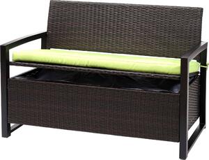 Panca da giardino in rattan sintetico, modello HWC-F39, con spazio contenitore, colore marrone, dimensioni 117 cm, cuscini verdi
