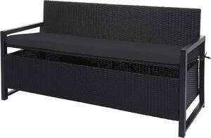 Panca da giardino in rattan sintetico, modello HWC-F39, con vano contenitore, lunghezza 164 cm, colore antracite, cuscini neri