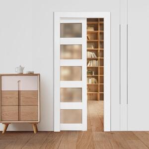 Set di porte scorrevoli (915 x 2035 mm) - Porta scorrevole singola in vetro smerigliato in 5 pezzi con kit di ferramenta - Pannello scorrevole in legno massiccio e MDF - Superficie impermeabile - Per camera da letto, cucina e studio