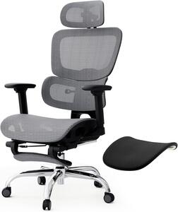 Sedia da ufficio ergonomica con schienale in rete, cuscino sedile removibile, poggiapiedi e braccioli in grigio scuro