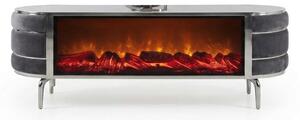 Mobile TV a basso con camino elettrico, design moderno, colori argento e nero, stile lussuoso