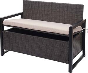 Panca da giardino in rattan sintetico, modello HWC-F39, con spazio contenitore, colore grigio, dimensioni 117 cm, cuscini beige