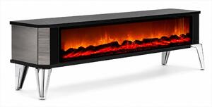 Mobile TV a basso, camino elettrico, arredamento per camino, design moderno, colore antracite e argento, mobile TV