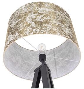 Lampada da Terra paralume in policotone dorato 156H cm Nero Gambe Treppiede in Metallo Paralume Tamburo Moderno Beliani