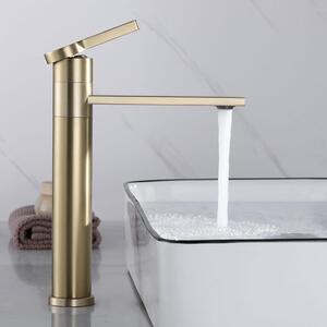 Miscelatore monocomando per lavabo alto, in acciaio inossidabile con finitura oro spazzolato, girevole a 360°