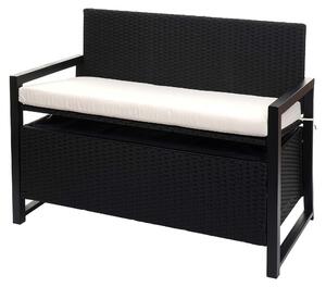 Panca da giardino Poly-Rattan, modello MCW-F39, con spazio contenitore, colore antracite, dimensioni 117 cm, cuscini color crema