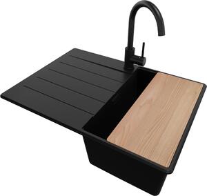 Lavello in granito PRIMAGRAN All black 70x50cm, lavello 1 vasca + set di scarico + set di accessori da cucina, lavello da 40 cm - Copenhagen