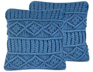 Set di 2 cuscini decorativi in macramè di cotone blu 45 x 45 cm Corda Boho Retro Decor Accessori Beliani