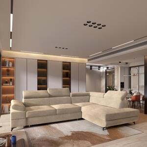 Divano angolare FAVIEN R-S di Masseno con funzione letto a L, divano con box letto, divano da soggiorno, divano, divano letto, set divano crema, MONOLITH 04