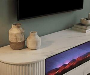 Mobile TV a basso con camino elettrico, finitura dorata, design moderno ed elegante, con cassetti