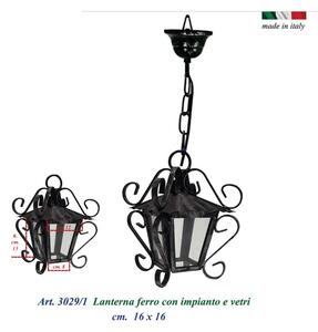 Lanterna da soffitto con catena In ferro Battuto MOD SMALL 16x16xh30 cm - peso 1,4 kg ,Lampada mod E27 interno esterno con vetri e impianto colore nero