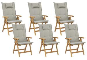 Set di 6 sedie da giardino in legno di acacia chiaro con cuscini color talpa pieghevole in stile rustico resistente ai raggi UV Beliani