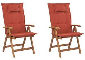 Set di 2 sedie da giardino in legno di acacia chiaro con cuscini rossi pieghevoli in stile rustico resistente ai raggi UV Beliani
