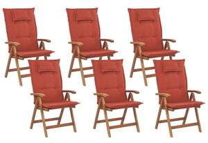 Set di 6 sedie da giardino in legno di acacia chiaro con cuscini rossi pieghevoli in stile rustico resistente ai raggi UV Beliani