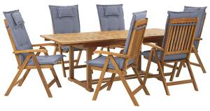 Set da pranzo da giardino in legno di acacia con cuscini blu Sedie pieghevoli regolabili a 6 posti in stile country per esterni Beliani