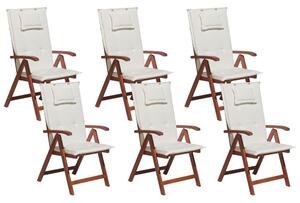 Set di 6 sedie da giardino in legno di acacia cuscino bianco sporco regolabile pieghevole per esterni in stile rustico Beliani
