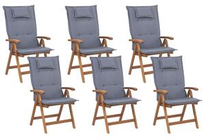 Set di 6 sedie da giardino in legno di acacia chiaro con cuscini blu pieghevole in stile rustico resistente ai raggi UV Beliani