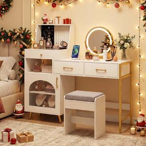 Costway Tavolo trucco specchio luci 3 modalità vetro 3 cassetti, Tavolo trucco 120 slot 10 ganci scomparto armadietto sgabello