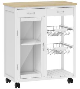 HOMCOM Carrello da Cucina in Bambù con 2 Cassetti, Armadietto, Ripiano e 2 Cestini in Acciaio, 67x35x80 cm, Bianco | Aosom Italy