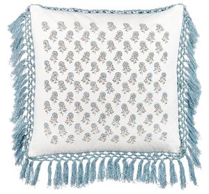 Set di 2 cuscini decorativi bianchi e blu cotone 45 x 45 cm motivo floreale con frange fatti a mano fodera rimovibile con imbottitura stile boho Beliani