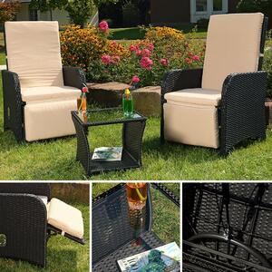 Mucola Set di sedute 2 poltrone e tavolo Set da salotto in polyrattan Mobili da giardino Gruppo di sedute da giardino Set da pranzo - Nero