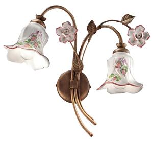 Applique Lampada da Muro Doppia due Luci rose dipinte a mano PISA H 33 cm Sp 17 cm 37 cm peso 1 kg - Attacco Lampada E14 interno esterno, Bianco Vintage