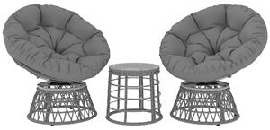 Outsunny Set da giardino 3 pezzi con 2 poltrone papasan girevoli e 1 tavolino basso rotondo in poliestere rattan PE