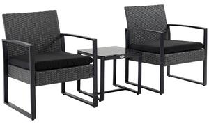 Outsunny Salotto da giardino 2 posti 3 pezzi - 2 sedie con cuscini + tavolino piano in vetro temperato intreccio di resina sintetica imitazione rattan grigio