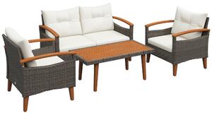 Outsunny Set da giardino 4 pezzi in rattan PE divano 2 posti 2 poltrone cuscini e piano in legno di acacia crema