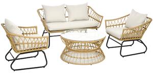 Outsunny Salotto da giardino 4 pezzi in resina intrecciata divano 2 posti + 2 poltrone + 1 tavolino sabbia e crema