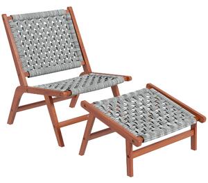 Outsunny Poltrona da giardino con poggiapiedi - sedia relax in legno di acacia e corda rattan sintetico - naturale, grigio