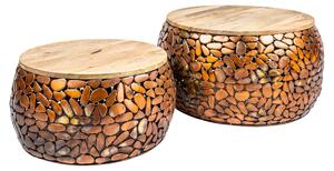 Riess-ambiente Set di 2 tavolini rotondi STONE MOSAIC 65 cm rame legno di mango metallo mosaico design tavolino tavolino
