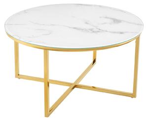 Elegante tavolino da salotto BOUTIQUE, 80 cm, bianco, rotondo, in vetro cristallo con decorazioni in marmo e struttura dorata