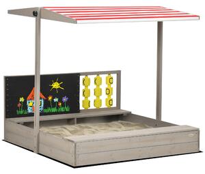 Outsunny Bac à sable quadrato in legno per bambini con panche tetto regolabile lavagna e giochi 114 x 113 x 110 cm grigio