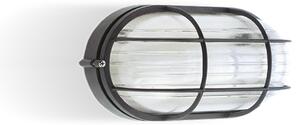 Plafoniera in termoplastico Grande INDUSTRIALE OVALE CON Gabbia in alluminio Dimensioni 2,85x16,5xh 11,5 cm - E 27 IP 54 Diffusore in vetro stampato trasparente Nera