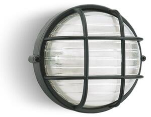 Plafoniera in termoplastico Grande INDUSTRIALE TONDA CON GABBIA in alluminio Dimensioni 25,6x h 11 cm - E 27 IP 54 Diffusore in vetro stampato trasparente Nero