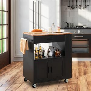 Costway Isola da cucina su ruote con portaspezie cassetto grande armadietto a 2 porte, Carrello da cucina rotante Nero
