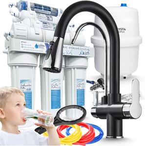 Rubinetto da cucina a 3 vie Ari Nordic con doccetta estraibile, girevole, con attacco per filtro acqua, nero cromato