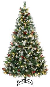 Albero di Natale Innevato Ø115x180 cm con 250 LED a 2 Colori Telecomando 11 Modalità Pigne e Bacche Rosse in PVC