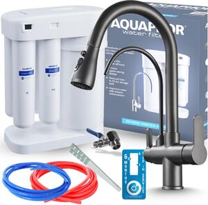 Rubinetto da cucina a 3 vie Ari Nordic con doccetta estraibile, doppia uscita per acqua filtrata, grafite, molla Vetroceramica